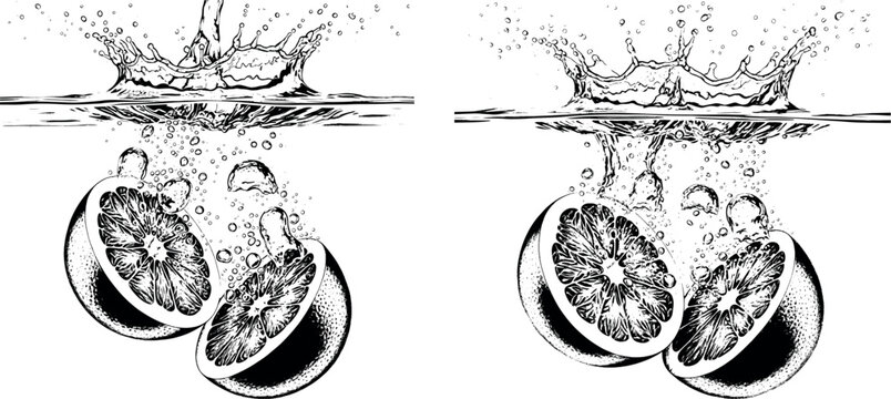 Citrus fruit halves splashing into water with bubbles, black line art