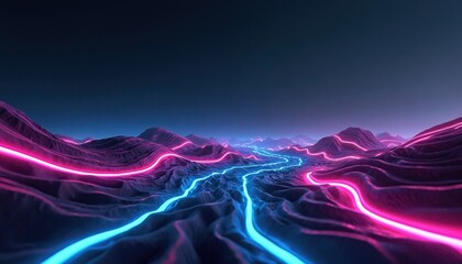 Surreal landscape with glowing neon blue, pink lines winding through dark, abstract terrain. Futuristic digital art vibrant path through alien world. Imagine journey through data streams virtual