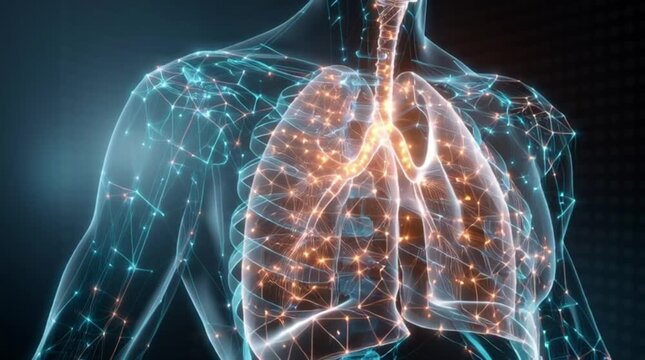X-ray view of human torso with illuminated lungs and trachea against a dark background