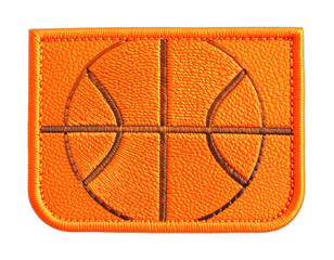 A rectangular patch with an orange basketball design, sporting stitched detailing and a dark background