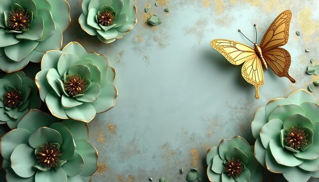 Elegant mint green floral arrangement with gold accents surrounds a shimmering golden butterfly. Delicate petals and intricate details create a luxurious backdrop for spring or beauty themes.