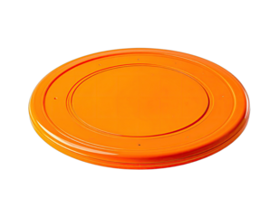 Bright orange disc, similar in shape to a plate, isolated on a black background, with gloss