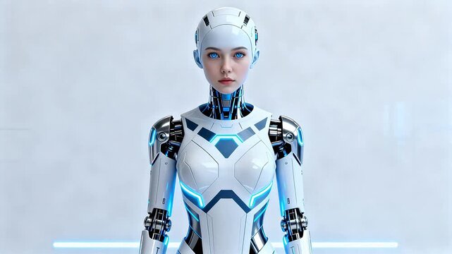 Futuristic female robot with glowing eyes