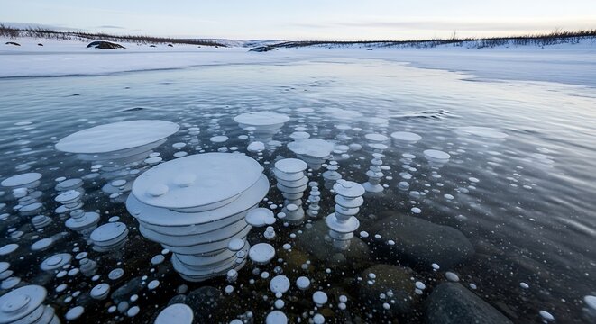 Frozen Lake with Ice Circles and Snow.