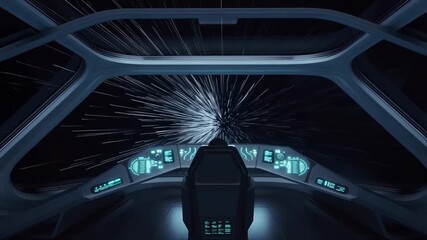 Futuristic spaceship cockpit view showing warp speed travel with dynamic star streaks and glowing holographic controls - Powered by Adobe