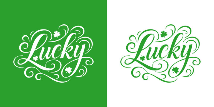 D&iacute;a de San Patricio. Logo aislado con letras palabra Lucky con florituras de adorno y siluetas de tr&eacute;bol de 3 hojas