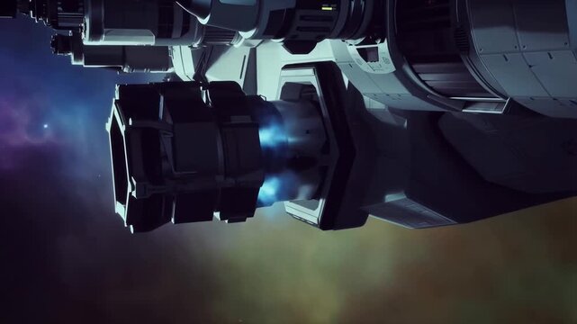 Spacecraft engine ignition with vibrant nebula backdrop in deep space video footage