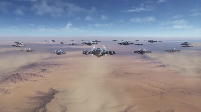 Futuristic armada fleet of advanced hovercraft and battleships flying in precise formation over vast desert landscape