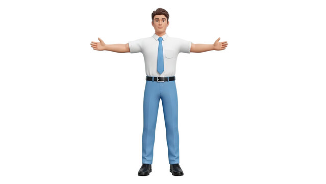 3D cartoon man with arms outstretched on transparent background