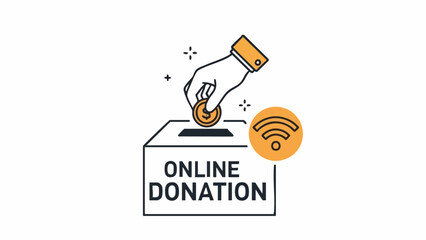 Illustration of a hand inserting a coin into an online donation box with a Wi-Fi symbol nearby on a white background.