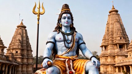Lord Shiva Statue with Trident and Golden Orb in Outdoor Temple Setting, Serene Blue Sky