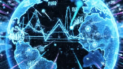 P82-Big data science neon network globe background. Ai round particles lines technology banner. Artifici 4K 10s