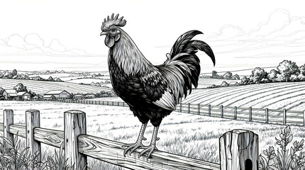 Black and White Illustration of Rooster Perched on Rustic Fence Against Tranquil Rural Landscape with Rolling Hills