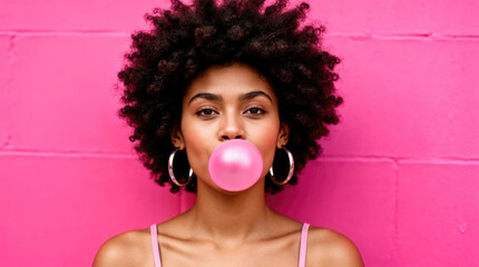 Playful Young Woman Blowing Vibrant Pink Bubble Gum Against Bold Pink Wall, Afro Hair, Hoop Earrings, Confident Fashion Portrait