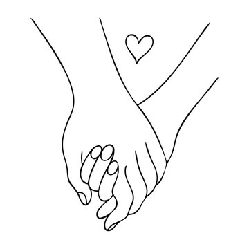 Dibujo sencillo con l&iacute;neas de dos manos cogidas con un coraz&oacute;n para tarjetas y felicitaciones de San Valent&iacute;n 