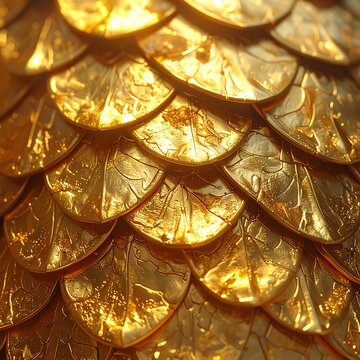 Shiny, golden scales with intricate details create a rich, textured surface with organic curves