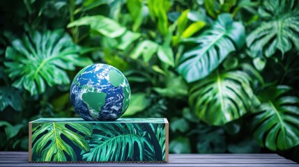 A recycled cardboard display box with abstract earth imagery stands against a lush green tropical foliage background