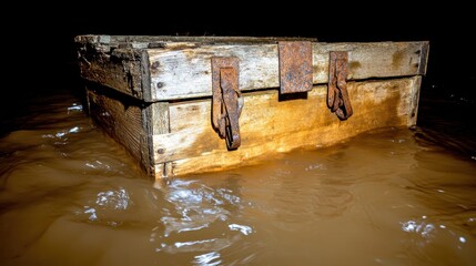 A weathered wooden crate with rusty metal hinges partially submerged in muddy water