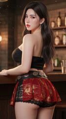 Seductive Tifa Lockhart Inspired Woman Striking Pose in Red Lace Shorts and Black Tank Top, Confident Bar Setting, Gold Pattern Detailing
