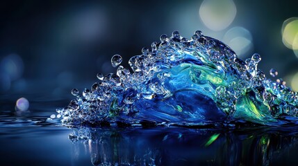 Abstract forms of molten glass in soft blues and green with dynamic swirling textures and light reflections