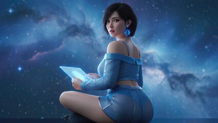 Seductive Futuristic Woman in Shiny Blue Vinyl Outfit and Cheeky Micro Skirt Holding Glowing Tablet Under Starry Night Sky