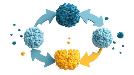 Colorful interconnected spheres surrounding a wooden block inscribed with adhd represent the dopamine cycle's link to attention deficit hyperactivity disorder, isolated on a transparent background