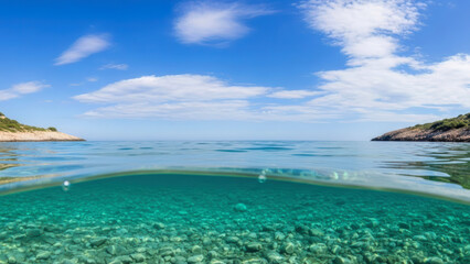 Fototapeta premium Tranquil Crystal-Clear Tropical Lagoon with Calm Waters, Scattered Rocks, Verdant Rocky Shoreline and Sunny-Cloudy Sky - Evoking Relaxation, Freedom, and Exotic Travel