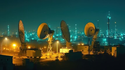 Communication satellite dishes pointed skyward at night with city lights in the background showcasing advanced technology