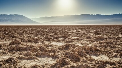 Cracked dry earth stretches across a vast desert landscape under a hazy sun with distant mountains