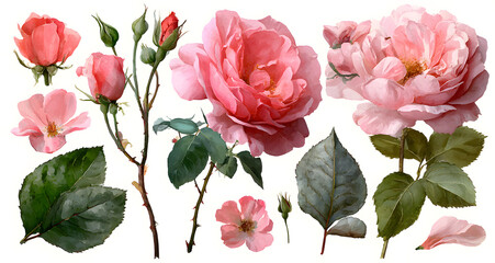 Set watercolor elements of roses collection garden pink flowers, leaves, branches, Botanic illustration isolated on white background.