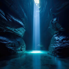 Mystical Sunlit Underwater Cave, Dark Rocky Walls, Radiant Light Beam, Enchanting Blue-Green Waters, Serenity, Discovery and Exploration