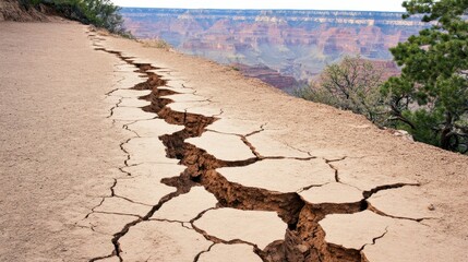 Dry cracked earth reveals deep fissures in a vast arid landscape overlooking a distant canyon with layered rock formations under a clear sky