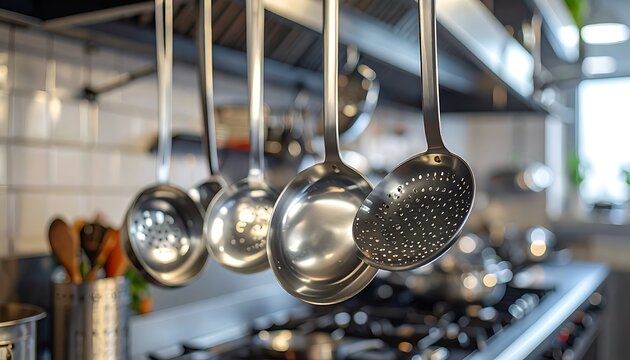 Shiny metal ladles hanging in a professional kitchen, reflecting light and textures, near stainless steel surfaces and appliances
