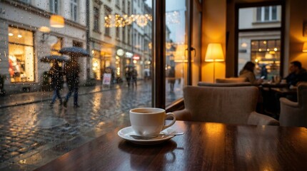 Sipping coffee city  cozy scene rainy day intimate viewpoint relaxing atmosphere