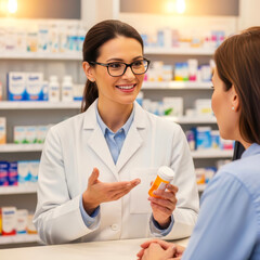 Confident Female Pharmacist with Warm Smile Explaining Prescription Medication to Customer Amidst Well-Stocked Pharmacy Shelves