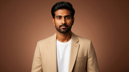 Fototapeta premium Elegant Indian Model in Beige Blazer and White Tee Before Mocha Gradient - Minimalist Professional Portrait