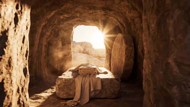 P69-empty tomb of Jesus Christ at sunrise resurrection 4K 10s