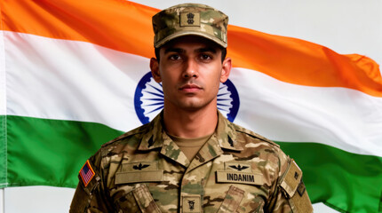 Fototapeta premium Powerful Portrait of Indian Soldier in Camouflage Uniform Holding Name Tag, Flag Background, Patriotic Independence