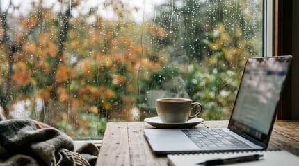 Cultivating creativity a cozy coffee workspace by the window on a rainy day for uninterrupted productivity and comfort
