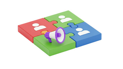 3D Megaphone on puzzle pieces with people icons on transparent background
