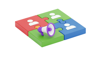 3D Megaphone on puzzle pieces with people icons on transparent background
