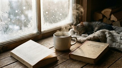 Cozy winter coffee moments by the window relaxing scene with a cat blanket and books inviting warmth and serenity