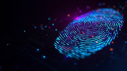 A close-up, digital rendering of a glowing fingerprint in blues and purples. It has glowing particles and a dark background