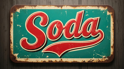 Retro Teal and Red Soda Sign with Distressed Texture, Green Cursive Lettering, Wood Grain Background, Nostalgic Diner Ambience