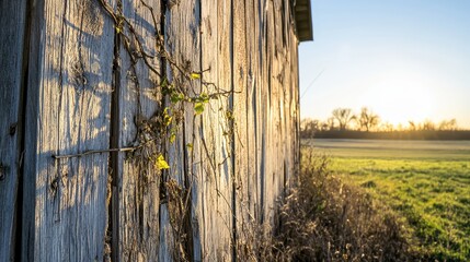 Sun bleached wood planks of a dilapidated rustic structure in natural outdoor sunlight with fields and trees in the background