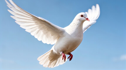 White Dove in Flight Symbolizing Peace, Hope, and Tranquility Against a Clear Blue Sky