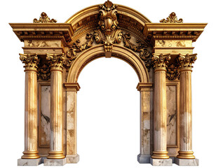 Naklejka premium Ornate gold-toned archway with detailed carvings, columns, and a marble base