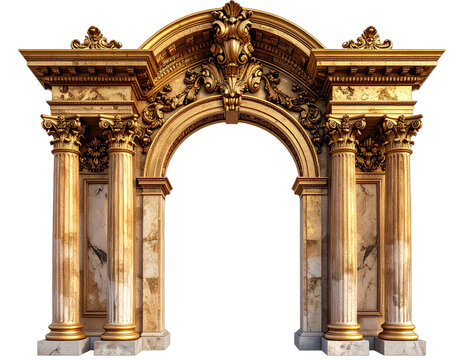 Ornate gold-toned archway with detailed carvings, columns, and a marble base