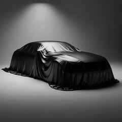 Mysterious Black Sports Car Draped in Satin Fabric, High-End Studio Spotlight Reveal, Luxury Performance and Elegance Unveiled