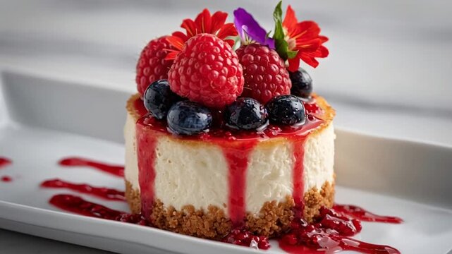 Close-up of a luxurious individual cheesecake adorned with fresh berries and floral accents - Powered by Adobe